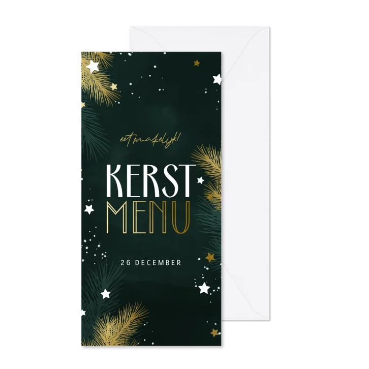 Menukaart kerstsfeer met kersttakjes en gouden sterren