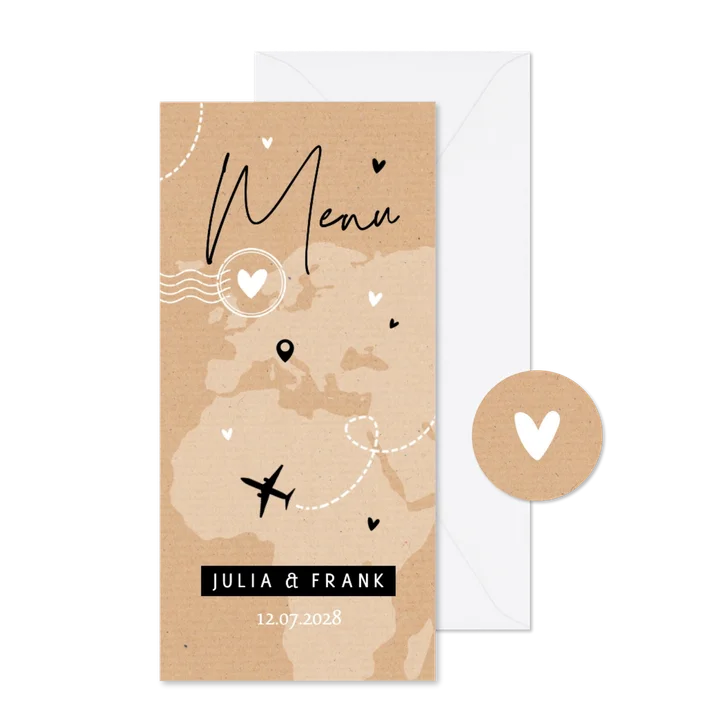 Menukaart kraft ticket paspoort trouwkaart