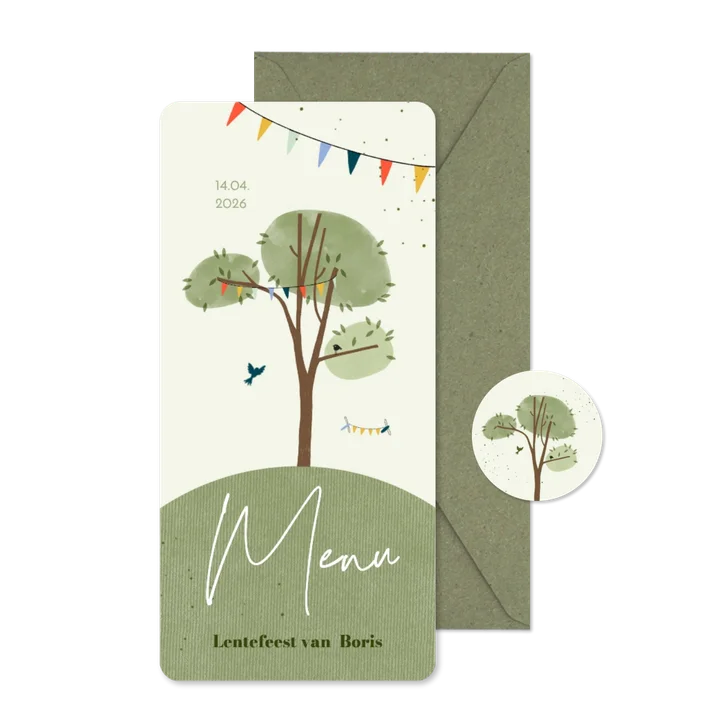 Menukaart lentefeest boom en wereld vogel
