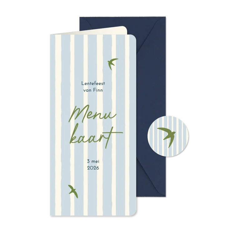  Menukaart lentefeest groene vogeltjes met blauwe streep