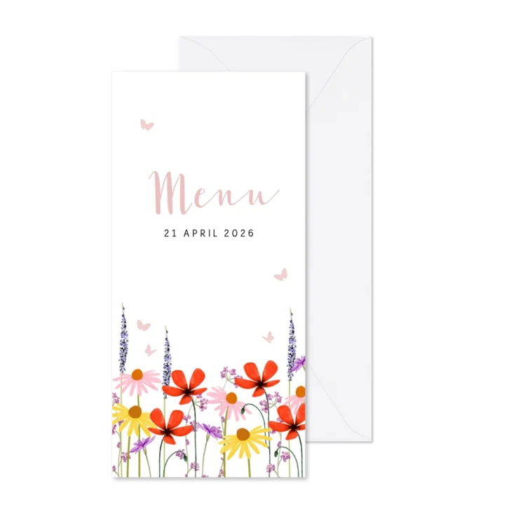 Menukaart lentefeest kleurrijke veldbloemen vlindertjes