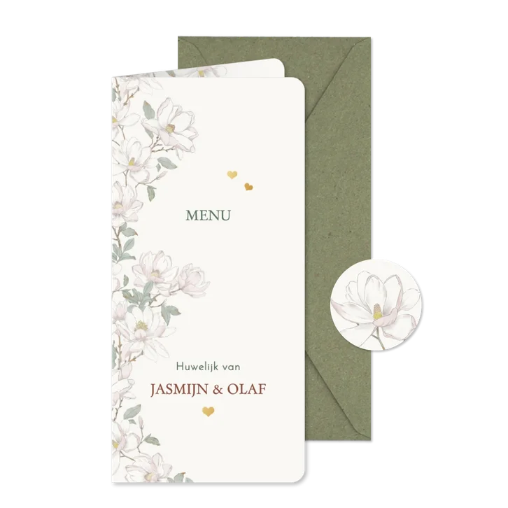 Menukaart magnoliabloemen met hartjes