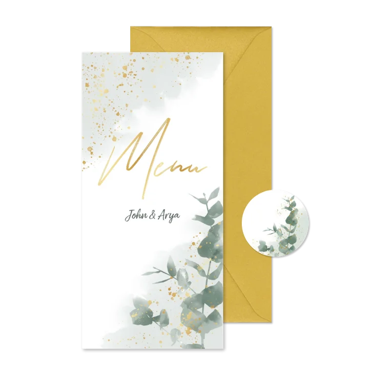Menukaart met groene waterverf, takjes en gouden typografie