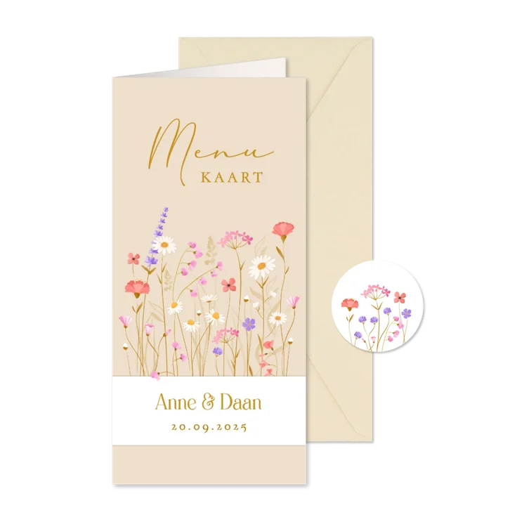 Menukaart met sierlijke wilde bloemen en wikkel effect