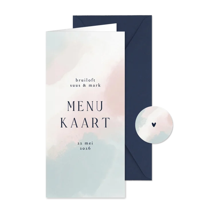 Menukaart met waterverf blauw roze wit trouwen