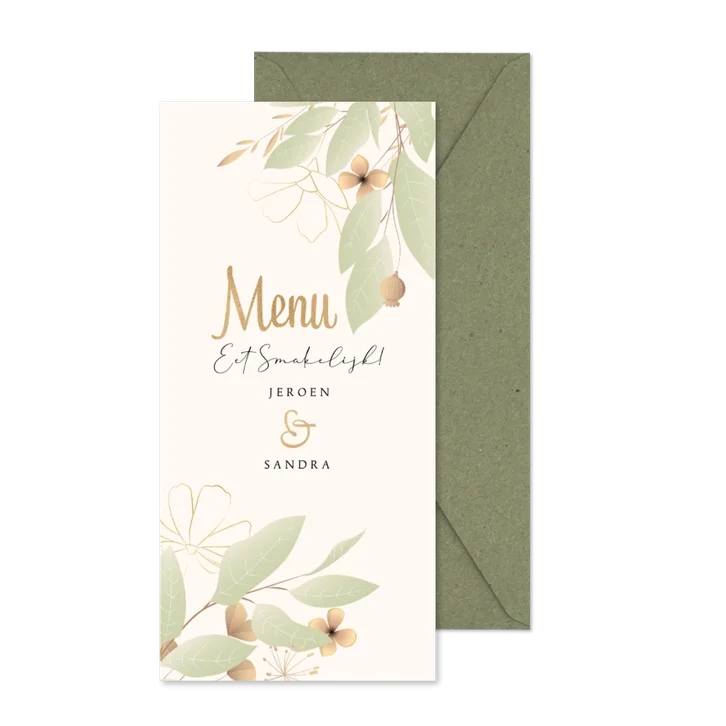 Menukaart stijlvol botanisch zacht groen oker goudlook