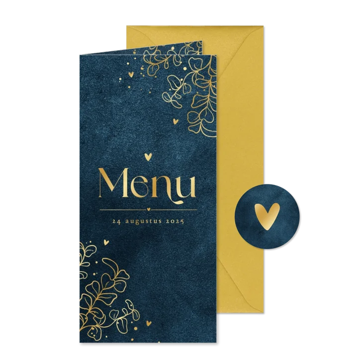 Menukaart trouwdag velvet blauw eucalyptus goud hartjes