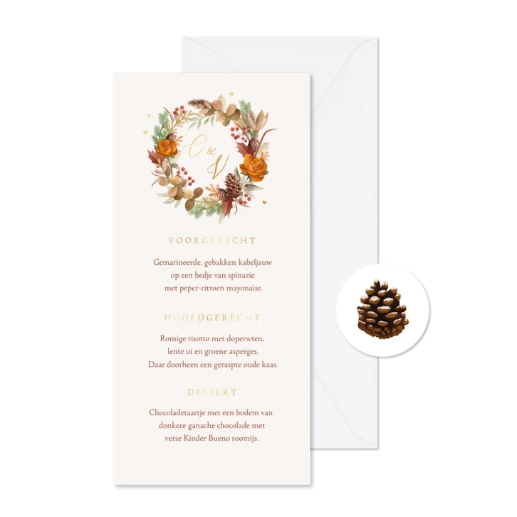 Menukaart trouwen herfst winter bloemen bladeren goud