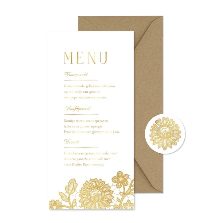 Menukaart trouwen vintage kant goud bloemen