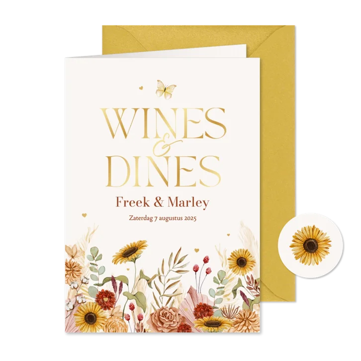 Menukaart wines dines bohemian bloemen vlinders hartjes goud