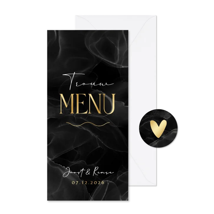 Menukaart zwart marmer bruiloft goud typografie