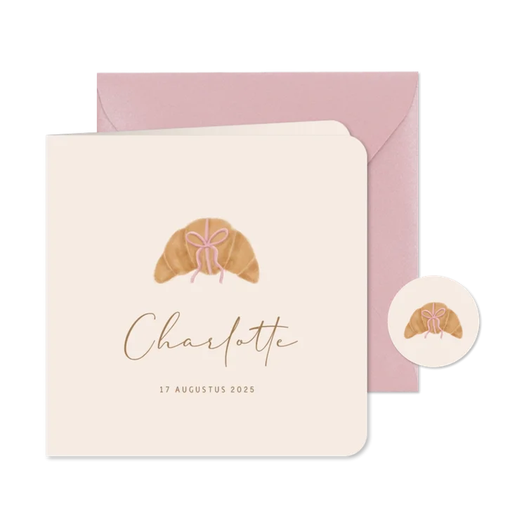 Minimalistisch geboortekaartje croissantje met roze strikje