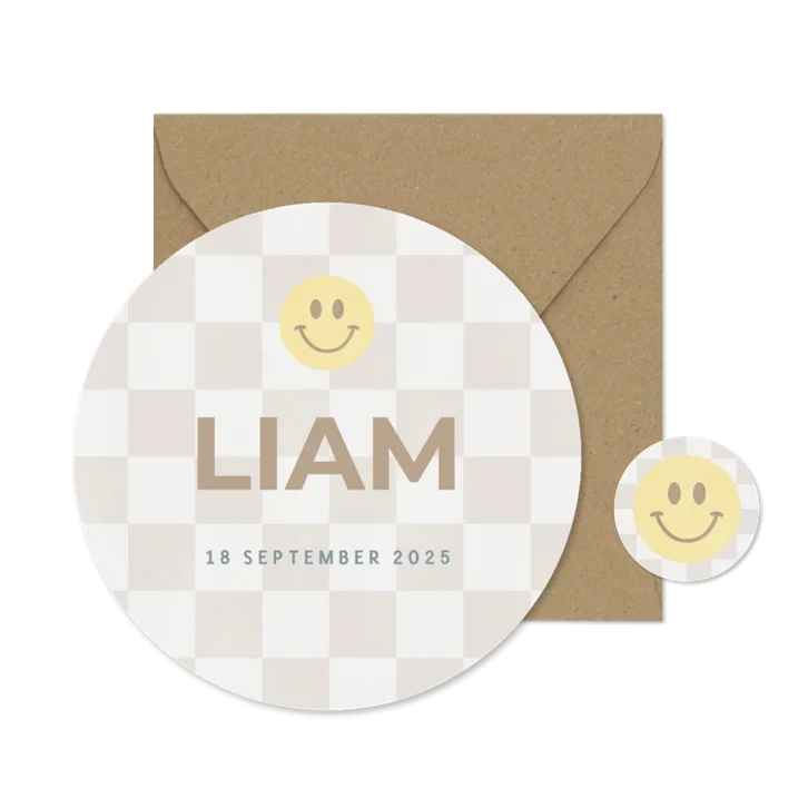 Minimalistisch geboortekaartje gele smiley en beige blokjes