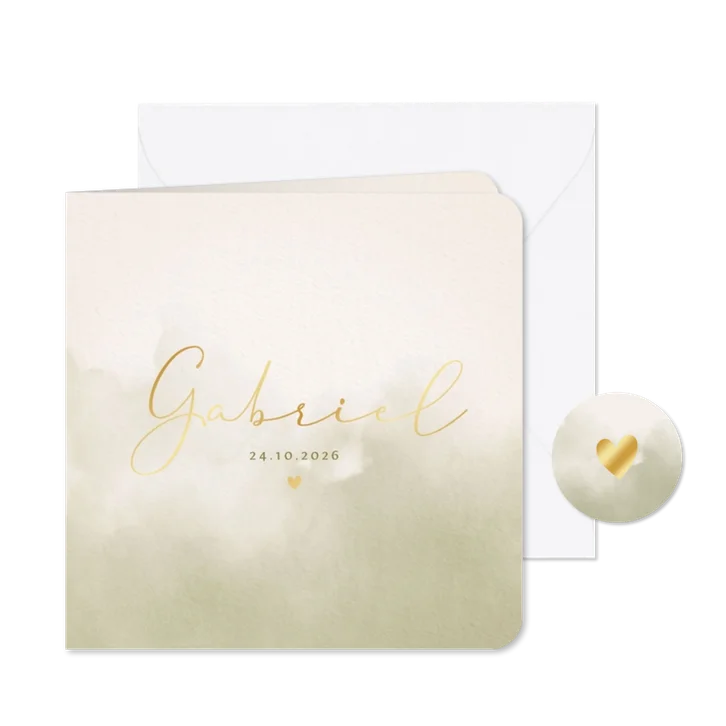 Minimalistisch geboortekaartje groene waterverf en hartje