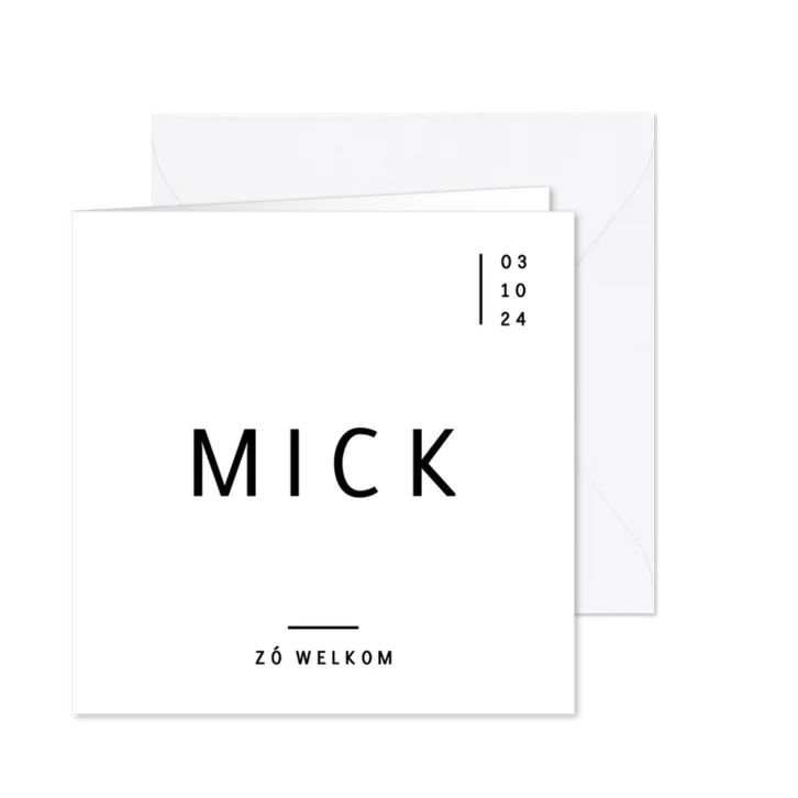 Minimalistisch geboortekaartje strakke typografie zwart wit