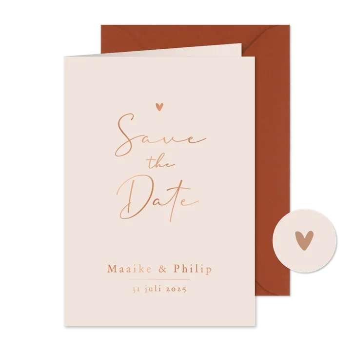 Minimalistisch save the date trouwkaart hartje koper
