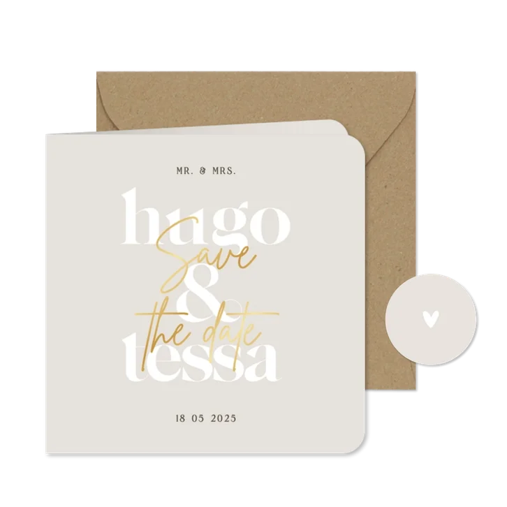 Minimalistische beige save the date met grote datum goud