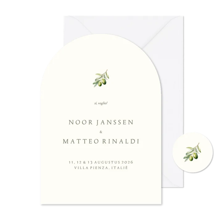Minimalistische boog trouwkaart beige met olijftakje