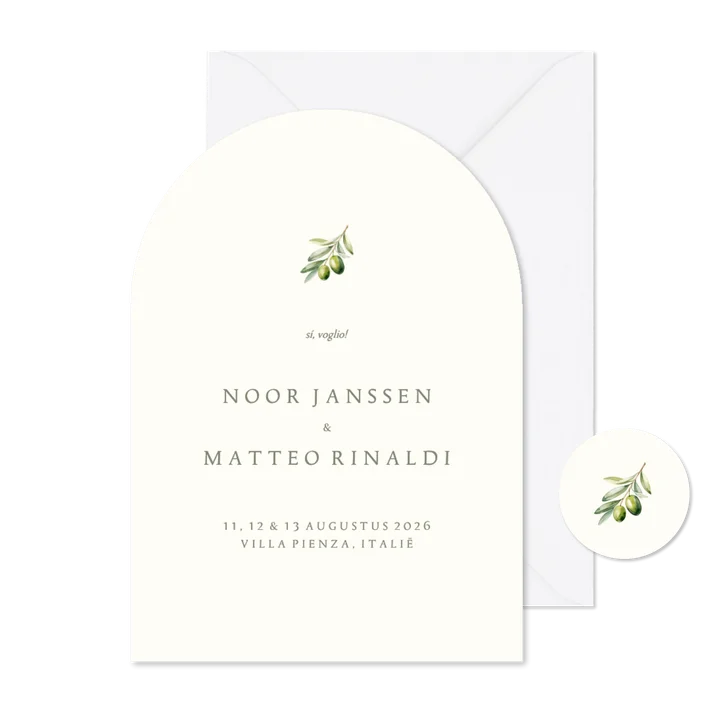 Minimalistische boog trouwkaart beige met olijftakje