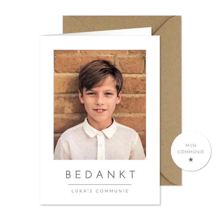Minimalistische communie bedankt kaart met eigen foto