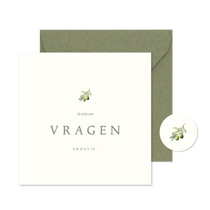 Minimalistische getuige kaart beige met olijftakje