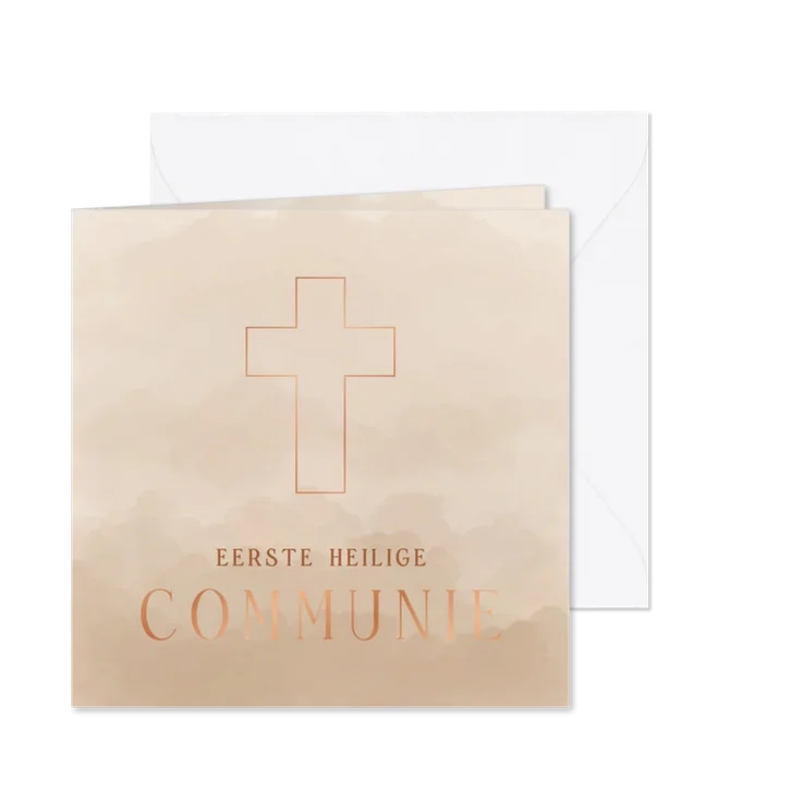 Minimalistische kaartje communie beige met koperfolie kruis
