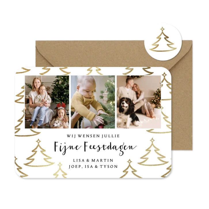 Minimalistische kerstkaart fotocollage kerstbomen goudlook