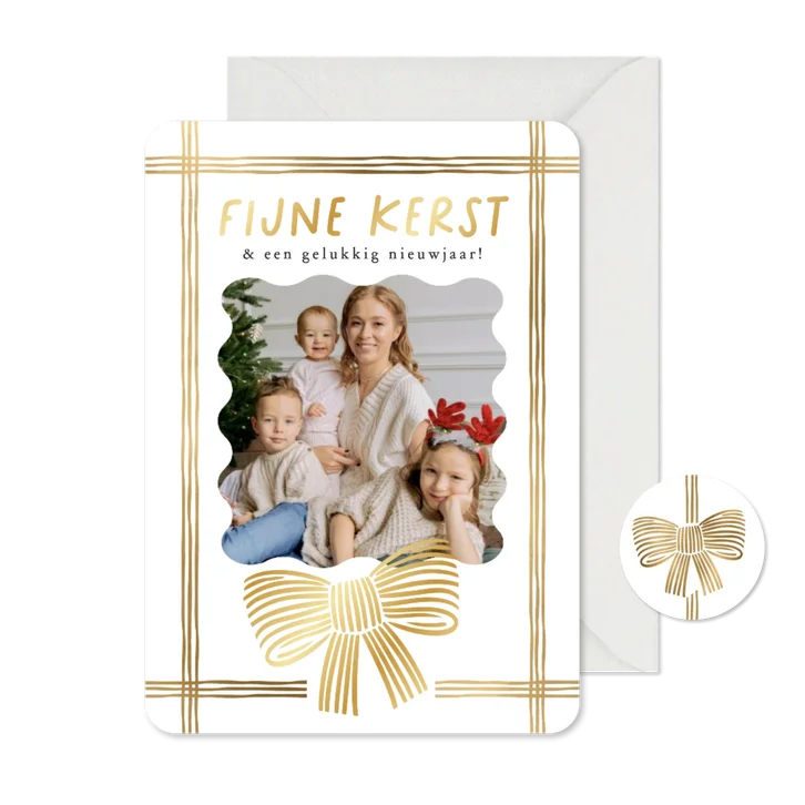 Minimalistische kerstkaart lint strik lijntekening goud foto