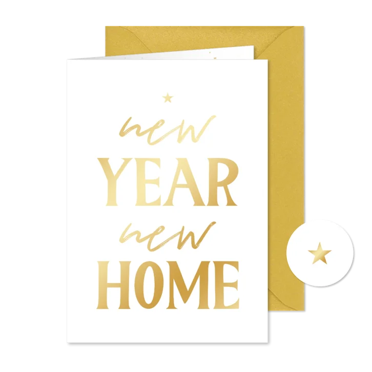 Minimalistische kerstkaart verhuizen new year new home goud