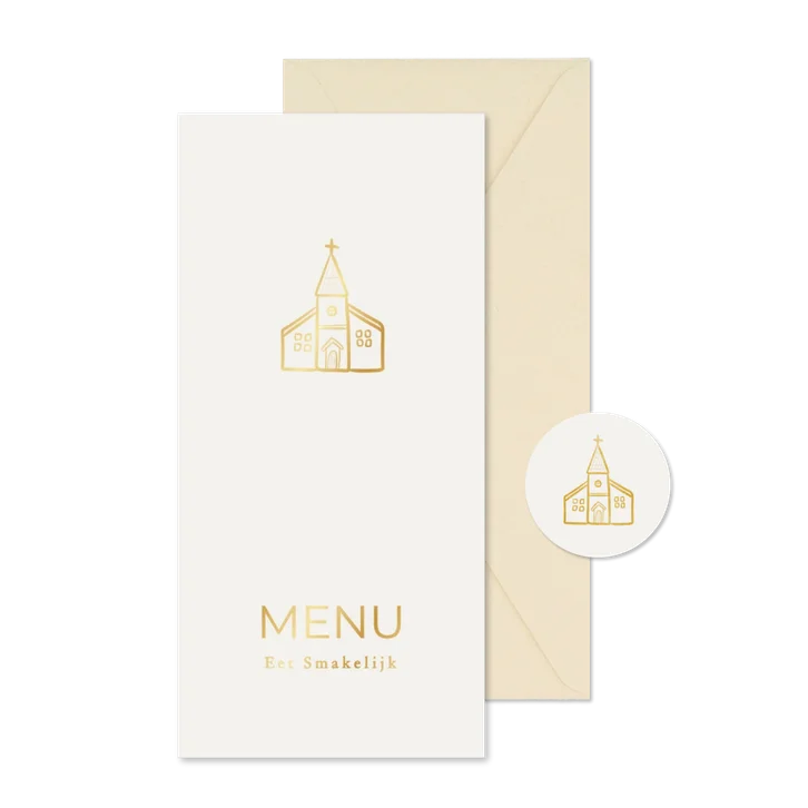 Minimalistische menukaart communie met gouden kerkje