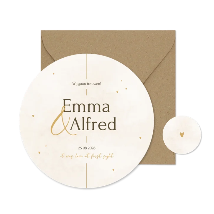 Minimalistische ronde trouwkaart met gouden details