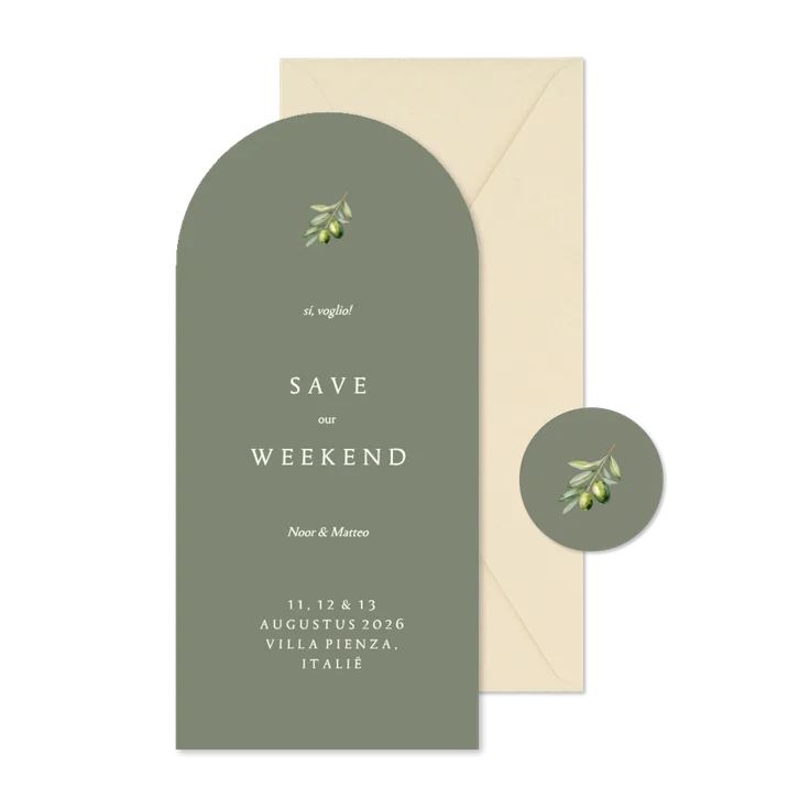 Minimalistische save the date boogvorm groen met olijftakje