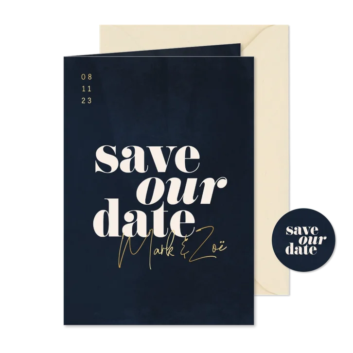 Minimalistische save the date donkerblauw met waterverf