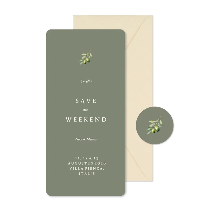 Minimalistische save the date groen met olijftakje