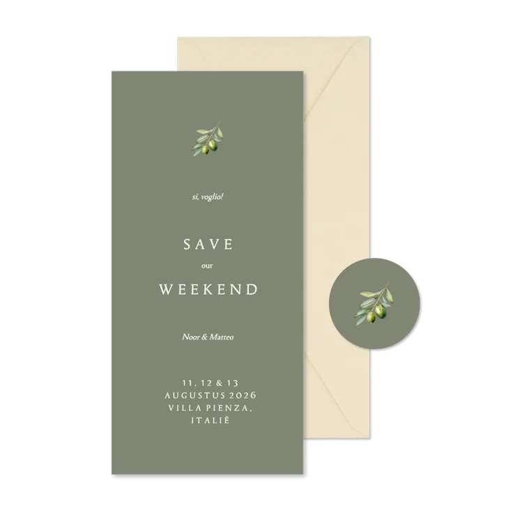 Minimalistische save the date groen met olijftakje