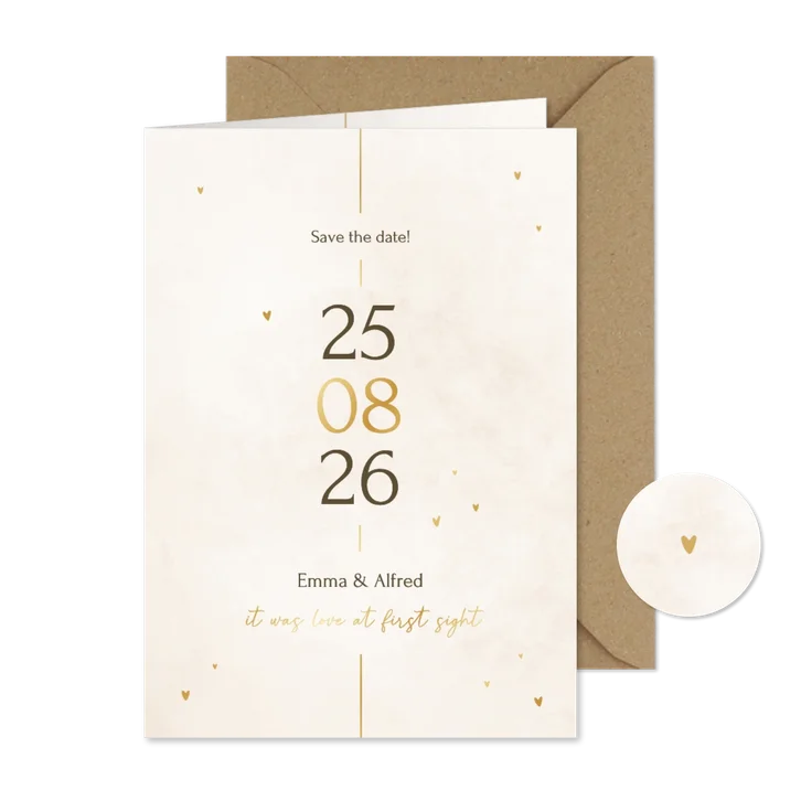 Minimalistische save the date kaart met gouden details