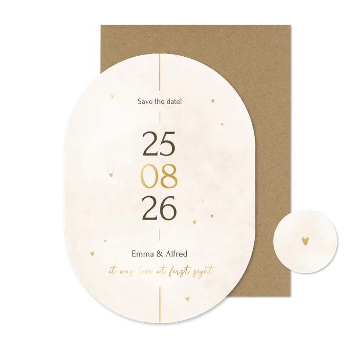 Minimalistische save the date kaart ovaal met gouden details