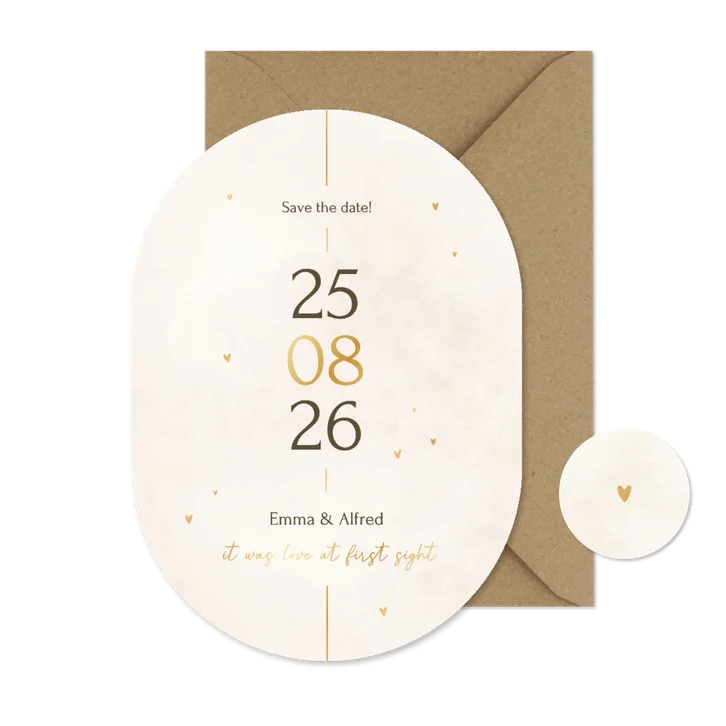 Minimalistische save the date kaart ovaal met gouden details