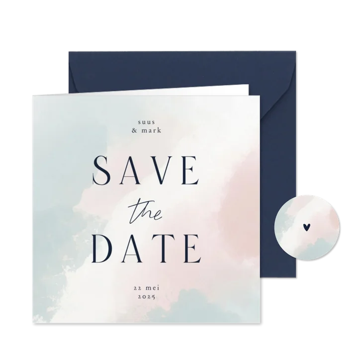 Minimalistische save the date met waterverf blauw roze wit