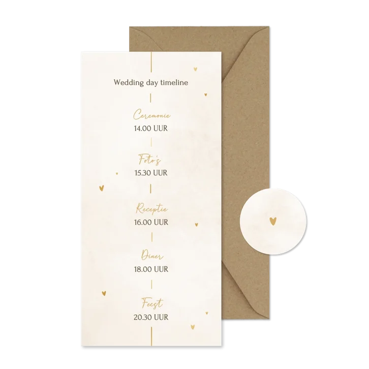 Minimalistische tijdlijn trouwkaart met gouden details