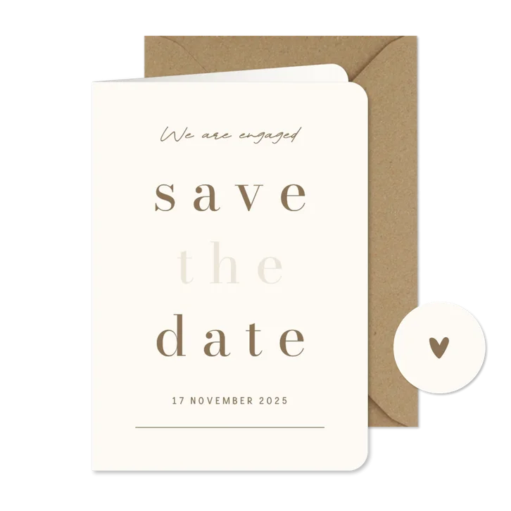 Minimalistische trouwkaart beige met bruin save the date