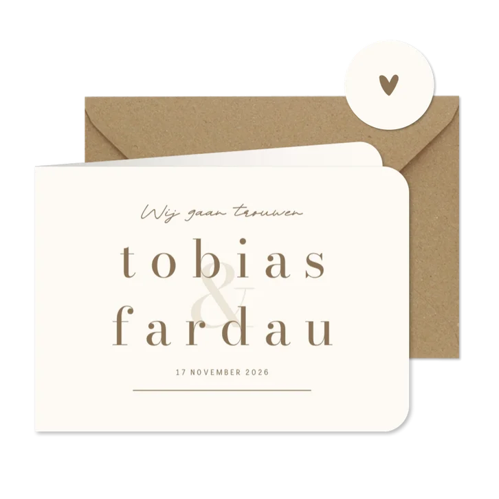 Minimalistische trouwkaart beige met bruin wij gaan trouwen