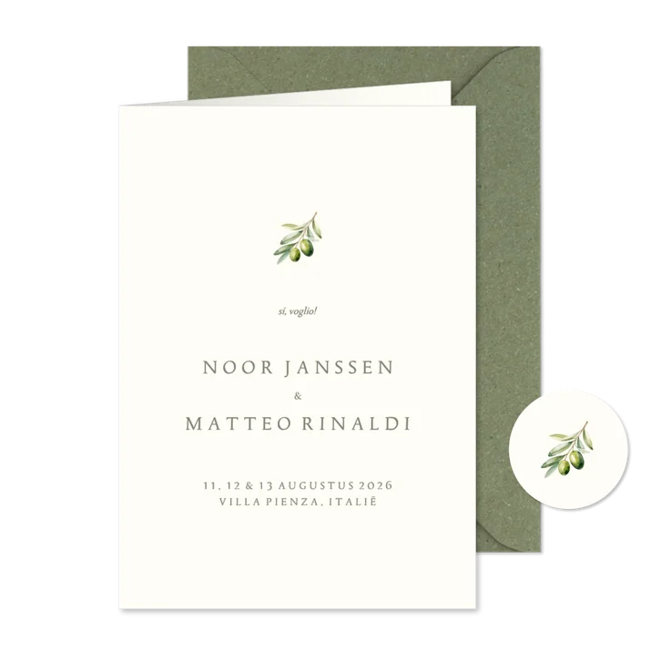 Minimalistische trouwkaart beige met olijftakje