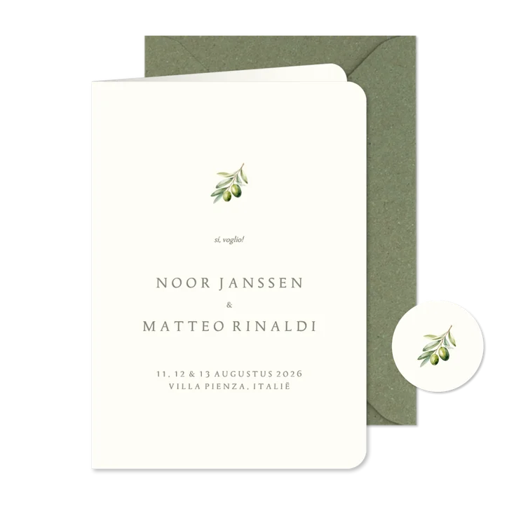 Minimalistische trouwkaart beige met olijftakje