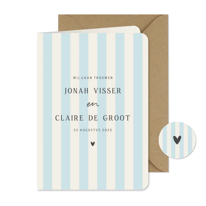 Minimalistische trouwkaart blauw beige strepen