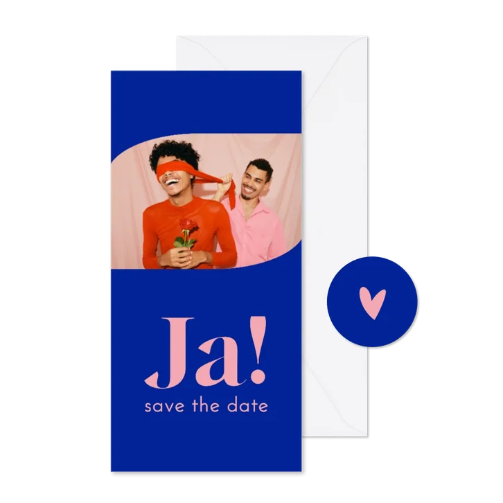 Minimalistische trouwkaart colorblocking blauw roze