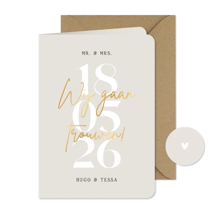 Minimalistische trouwkaart grote datum goud neutraal