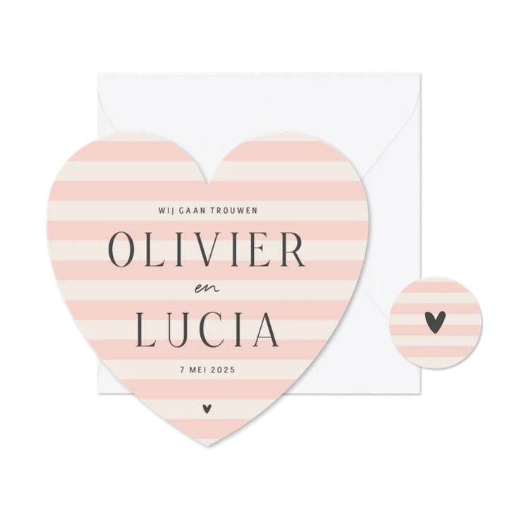 Minimalistische trouwkaart roze beige gestreept in hartvorm