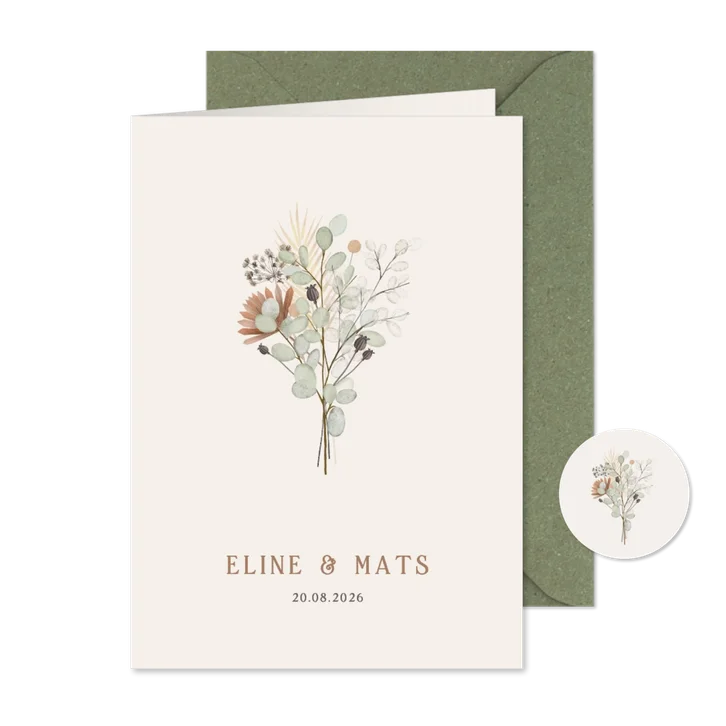 Minimalistische trouwkaart uitnodiging met droogbloemen