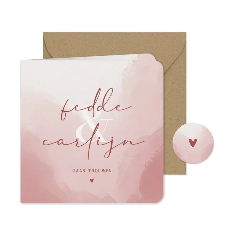 Minimalistische uitnodiging bruiloft met oud roze waterverf